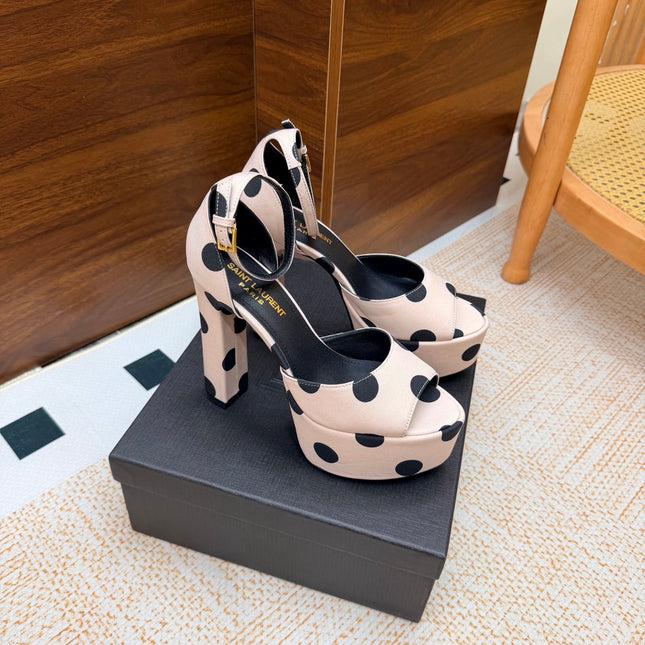 YSL 26S HEEL SANDALS 125 MM IN NUDE & BLACK POLKA-DOT SATIN
