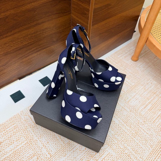 YSL 26S HEEL SANDALS 125 MM IN NAVY BLUE & WHITE POLKA-DOT SATIN