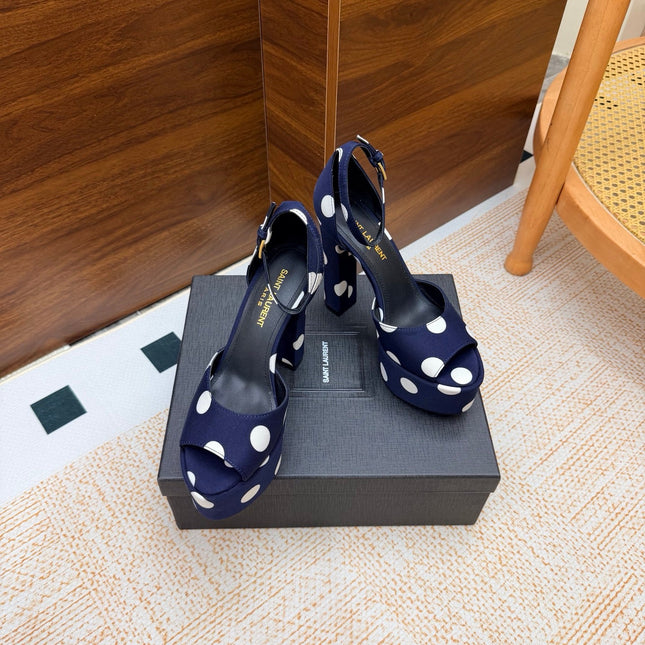YSL 26S HEEL SANDALS 125 MM IN NAVY BLUE & WHITE POLKA-DOT SATIN