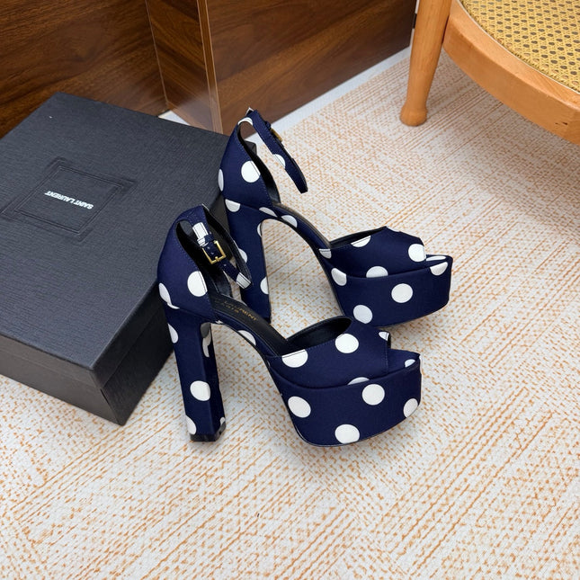 YSL 26S HEEL SANDALS 125 MM IN NAVY BLUE & WHITE POLKA-DOT SATIN