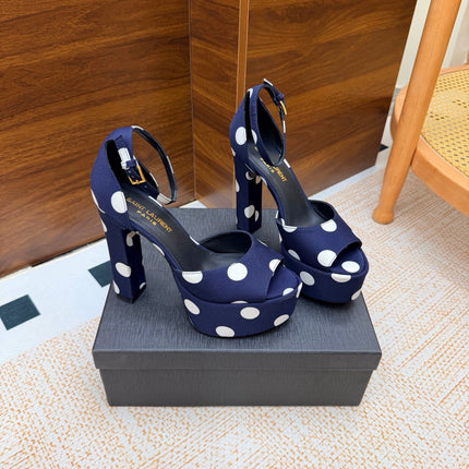 YSL 26S HEEL SANDALS 125 MM IN NAVY BLUE & WHITE POLKA-DOT SATIN