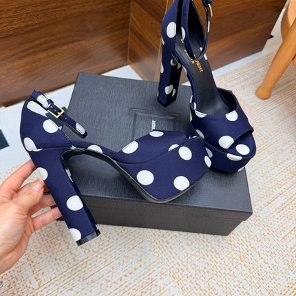 YSL 26S HEEL SANDALS 125 MM IN NAVY BLUE & WHITE POLKA-DOT SATIN