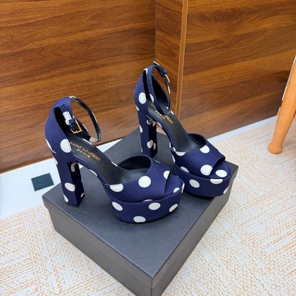 YSL 26S HEEL SANDALS 125 MM IN NAVY BLUE & WHITE POLKA-DOT SATIN