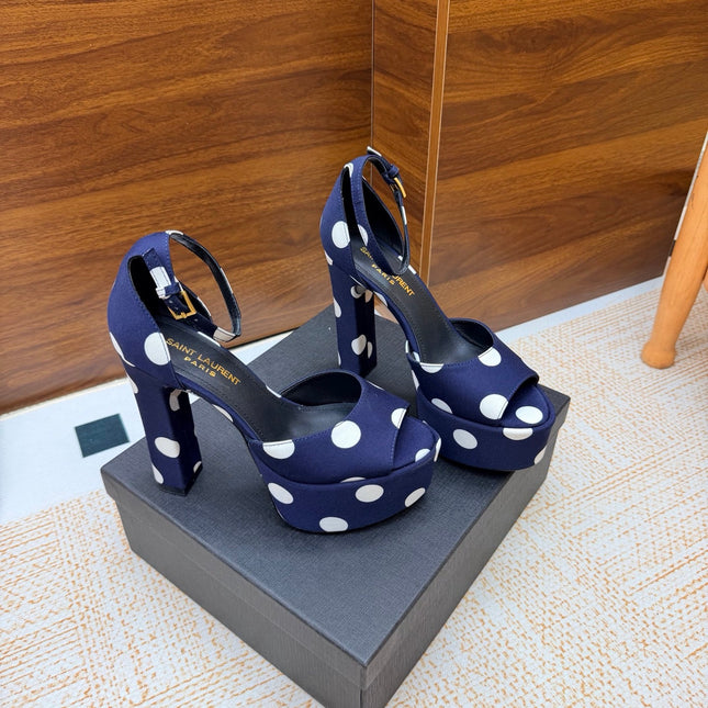 YSL 26S HEEL SANDALS 125 MM IN NAVY BLUE & WHITE POLKA-DOT SATIN
