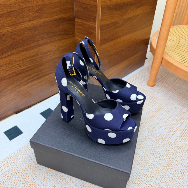 YSL 26S HEEL SANDALS 125 MM IN NAVY BLUE & WHITE POLKA-DOT SATIN