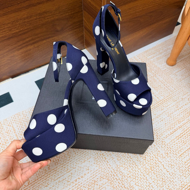 YSL 26S HEEL SANDALS 125 MM IN NAVY BLUE & WHITE POLKA-DOT SATIN