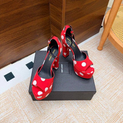 YSL 26S HEEL SANDALS 125 MM IN RED & WHITE POLKA-DOT SATIN
