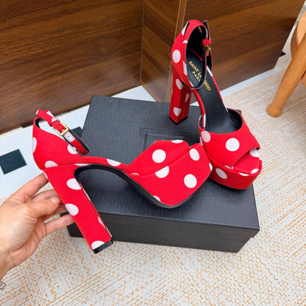 YSL 26S HEEL SANDALS 125 MM IN RED & WHITE POLKA-DOT SATIN