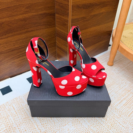 YSL 26S HEEL SANDALS 125 MM IN RED & WHITE POLKA-DOT SATIN