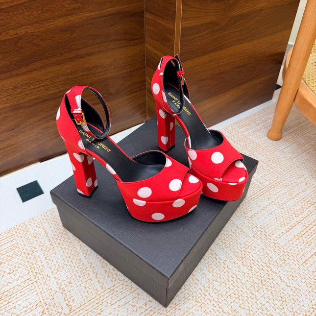 YSL 26S HEEL SANDALS 125 MM IN RED & WHITE POLKA-DOT SATIN