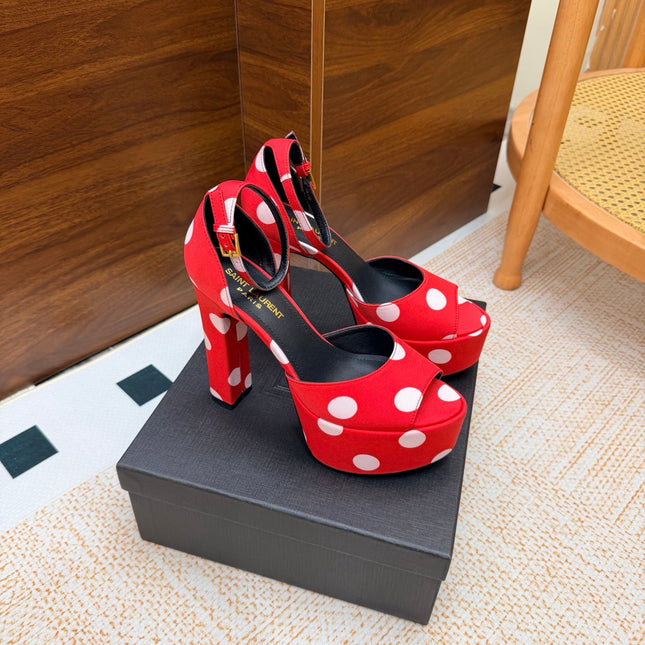 YSL 26S HEEL SANDALS 125 MM IN RED & WHITE POLKA-DOT SATIN