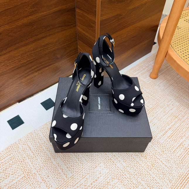 YSL 26S HEEL SANDALS 125 MM IN BLACK & WHITE POLKA-DOT SATIN
