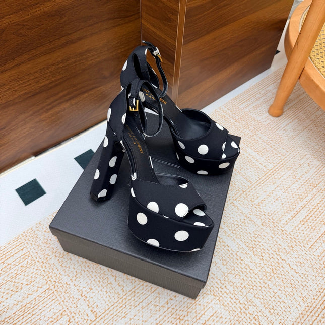 YSL 26S HEEL SANDALS 125 MM IN BLACK & WHITE POLKA-DOT SATIN