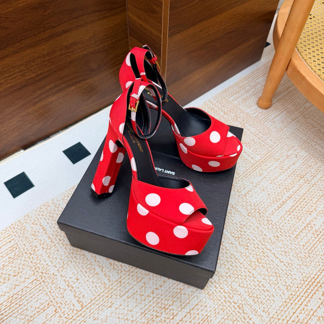 YSL 26S HEEL SANDALS 125 MM IN RED & WHITE POLKA-DOT SATIN