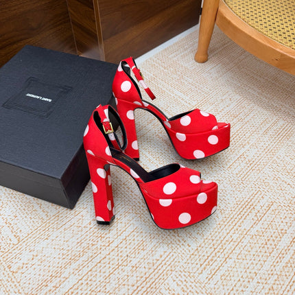 YSL 26S HEEL SANDALS 125 MM IN RED & WHITE POLKA-DOT SATIN