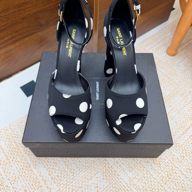 YSL 26S HEEL SANDALS 125 MM IN BLACK & WHITE POLKA-DOT SATIN