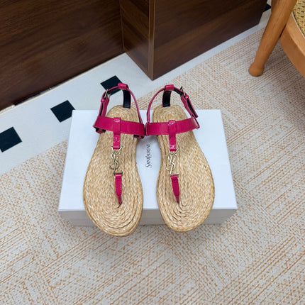 YSL 26S THONG SANDALS IN BEIGE RAFFIA AND PINK GLOSSY CALFSKIN