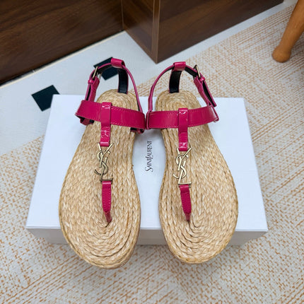 YSL 26S THONG SANDALS IN BEIGE RAFFIA AND PINK GLOSSY CALFSKIN