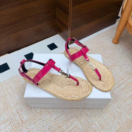 YSL 26S THONG SANDALS IN BEIGE RAFFIA AND PINK GLOSSY CALFSKIN