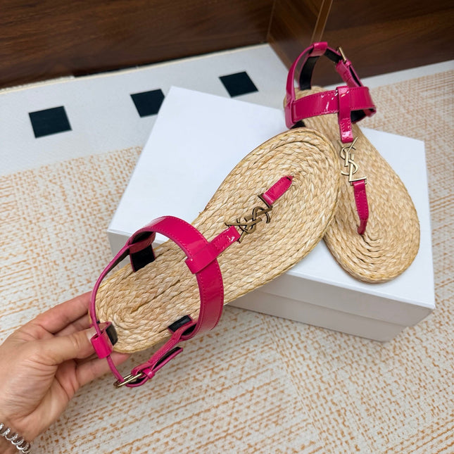 YSL 26S THONG SANDALS IN BEIGE RAFFIA AND PINK GLOSSY CALFSKIN