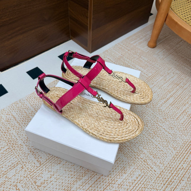 YSL 26S THONG SANDALS IN BEIGE RAFFIA AND PINK GLOSSY CALFSKIN