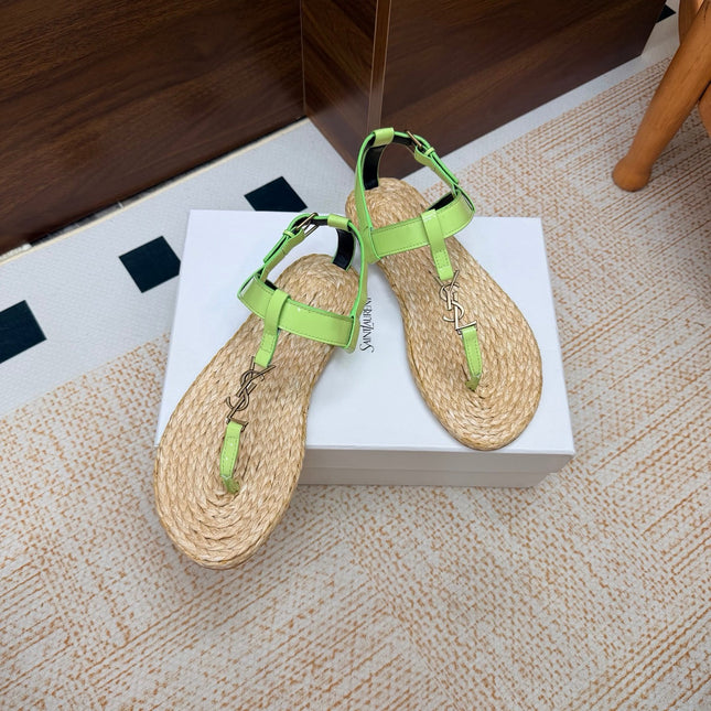 YSL 26S THONG SANDALS IN BEIGE RAFFIA AND LIGHT GREEN GLOSSY CALFSKIN