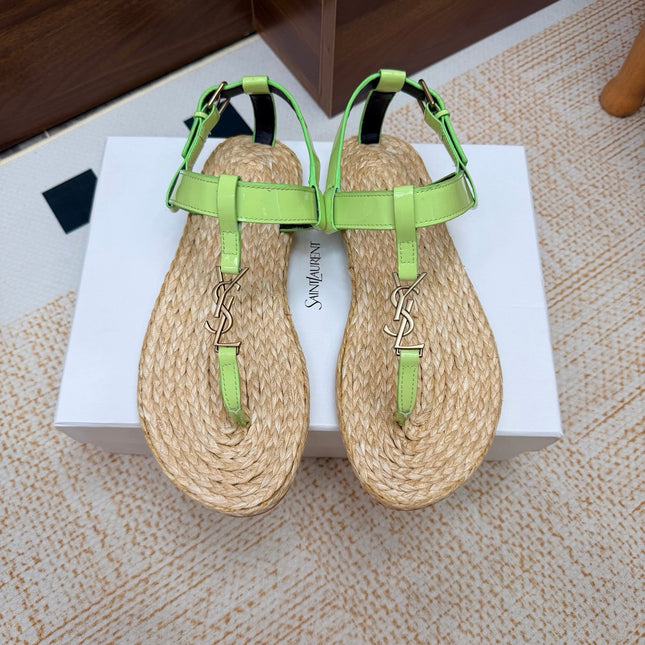 YSL 26S THONG SANDALS IN BEIGE RAFFIA AND LIGHT GREEN GLOSSY CALFSKIN