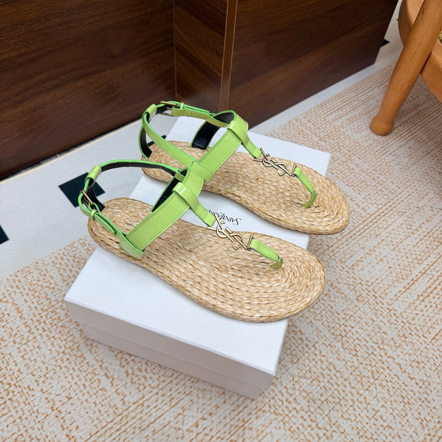 YSL 26S THONG SANDALS IN BEIGE RAFFIA AND LIGHT GREEN GLOSSY CALFSKIN