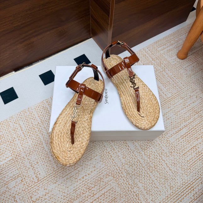 YSL 26S THONG SANDALS IN BEIGE RAFFIA AND BROWN GLOSSY CALFSKIN