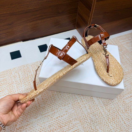 YSL 26S THONG SANDALS IN BEIGE RAFFIA AND BROWN GLOSSY CALFSKIN
