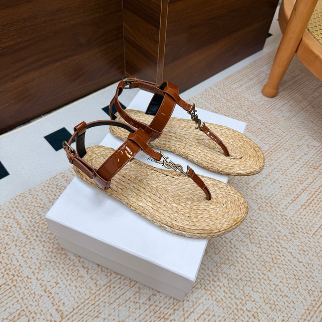 YSL 26S THONG SANDALS IN BEIGE RAFFIA AND BROWN GLOSSY CALFSKIN