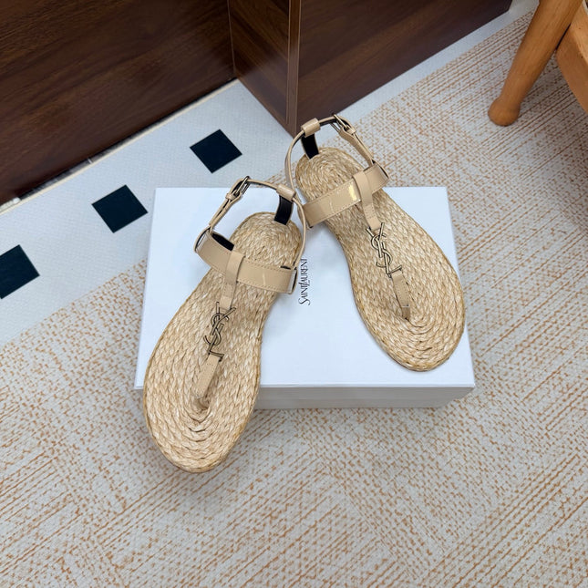 YSL 26S THONG SANDALS IN BEIGE RAFFIA AND GLOSSY CALFSKIN