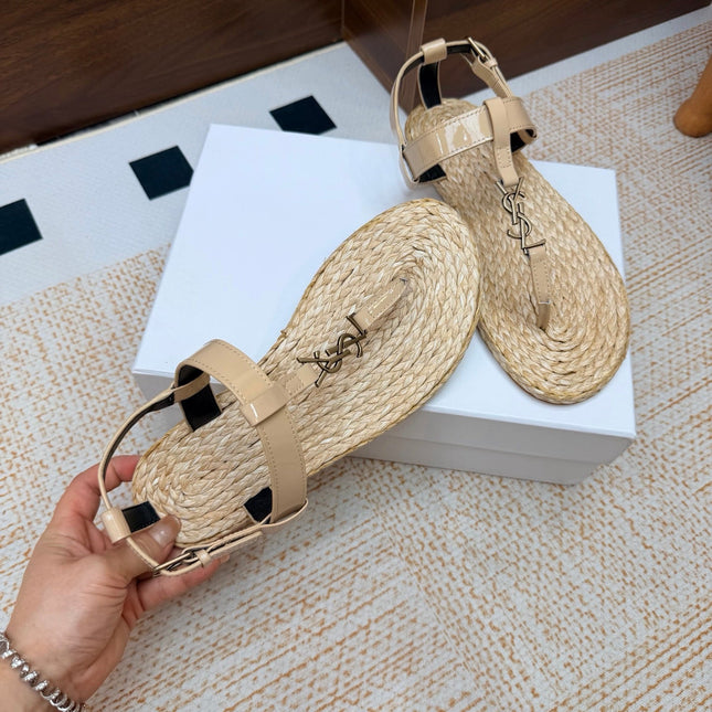 YSL 26S THONG SANDALS IN BEIGE RAFFIA AND GLOSSY CALFSKIN