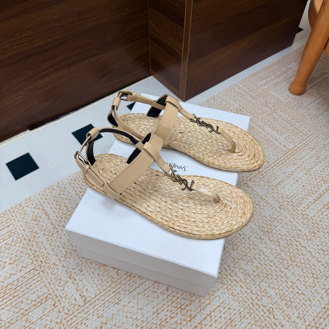 YSL 26S THONG SANDALS IN BEIGE RAFFIA AND GLOSSY CALFSKIN