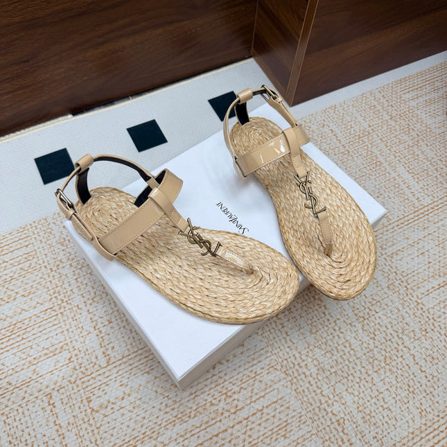 YSL 26S THONG SANDALS IN BEIGE RAFFIA AND GLOSSY CALFSKIN