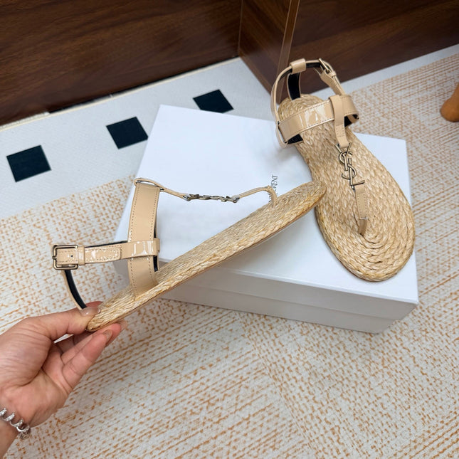 YSL 26S THONG SANDALS IN BEIGE RAFFIA AND GLOSSY CALFSKIN