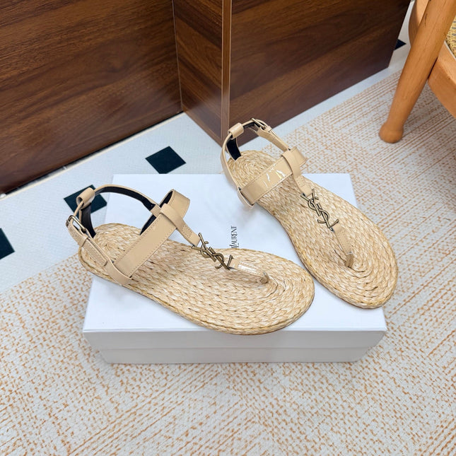 YSL 26S THONG SANDALS IN BEIGE RAFFIA AND GLOSSY CALFSKIN