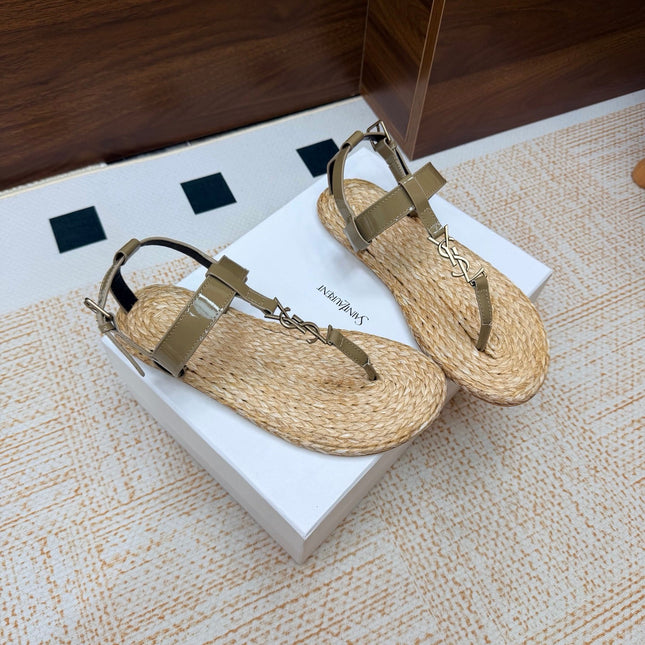 YSL 26S THONG SANDALS IN BEIGE RAFFIA AND KHAKI GREEN GLOSSY CALFSKIN