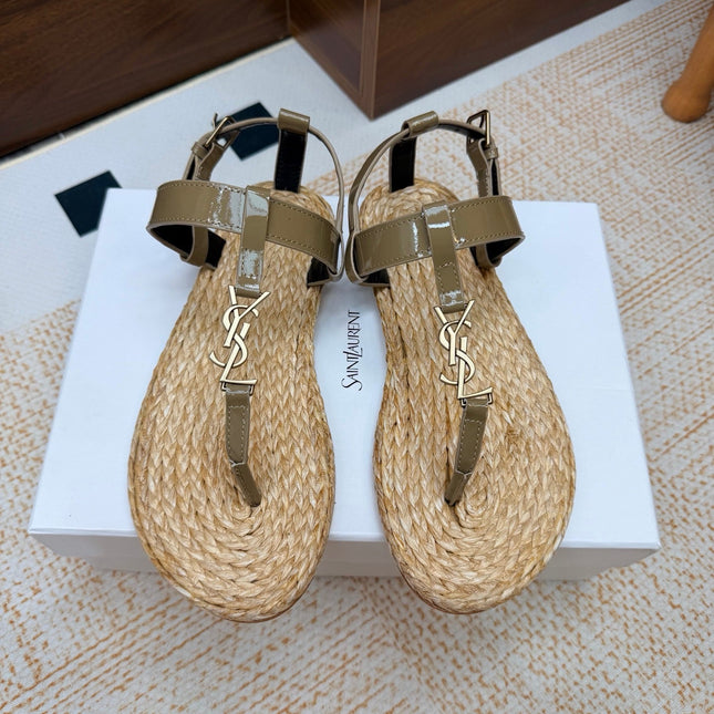 YSL 26S THONG SANDALS IN BEIGE RAFFIA AND KHAKI GREEN GLOSSY CALFSKIN