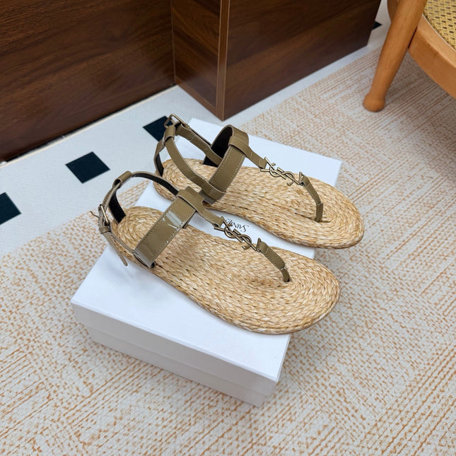 YSL 26S THONG SANDALS IN BEIGE RAFFIA AND KHAKI GREEN GLOSSY CALFSKIN
