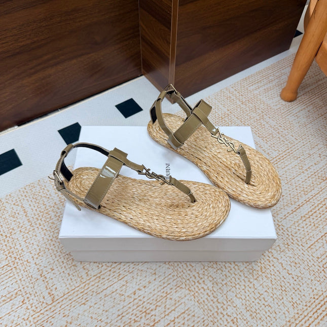YSL 26S THONG SANDALS IN BEIGE RAFFIA AND KHAKI GREEN GLOSSY CALFSKIN