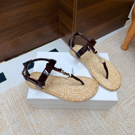 YSL 26S THONG SANDALS IN BEIGE RAFFIA AND DARK RED GLOSSY CALFSKIN