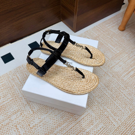 YSL 26S THONG SANDALS IN BEIGE RAFFIA AND BLACK GLOSSY CALFSKIN