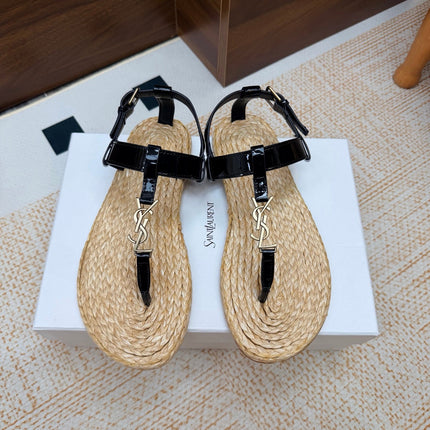 YSL 26S THONG SANDALS IN BEIGE RAFFIA AND BLACK GLOSSY CALFSKIN