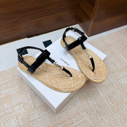 YSL 26S THONG SANDALS IN BEIGE RAFFIA AND BLACK GLOSSY CALFSKIN