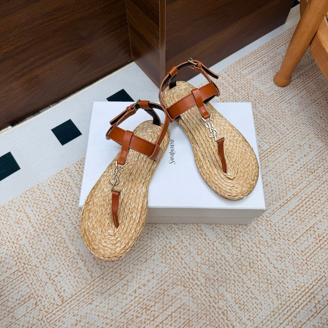 YSL 26S THONG SANDALS IN BEIGE RAFFIA AND COGNAC BROWN CALFSKIN