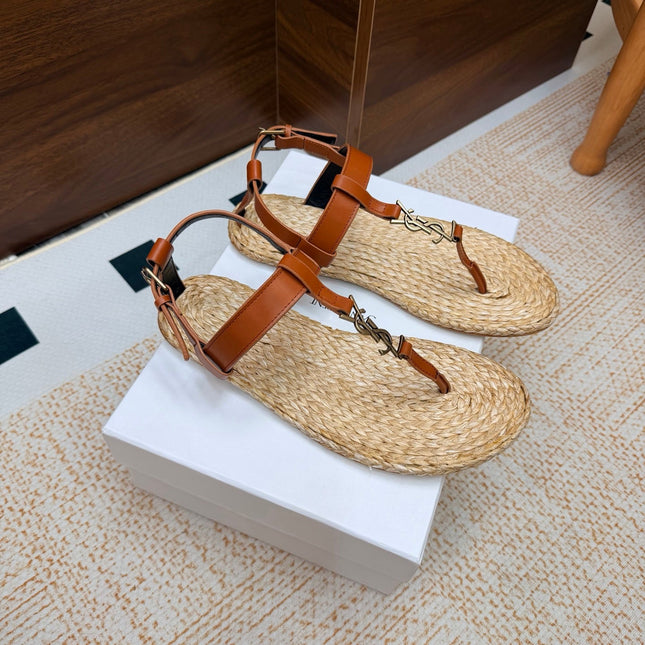 YSL 26S THONG SANDALS IN BEIGE RAFFIA AND COGNAC BROWN CALFSKIN