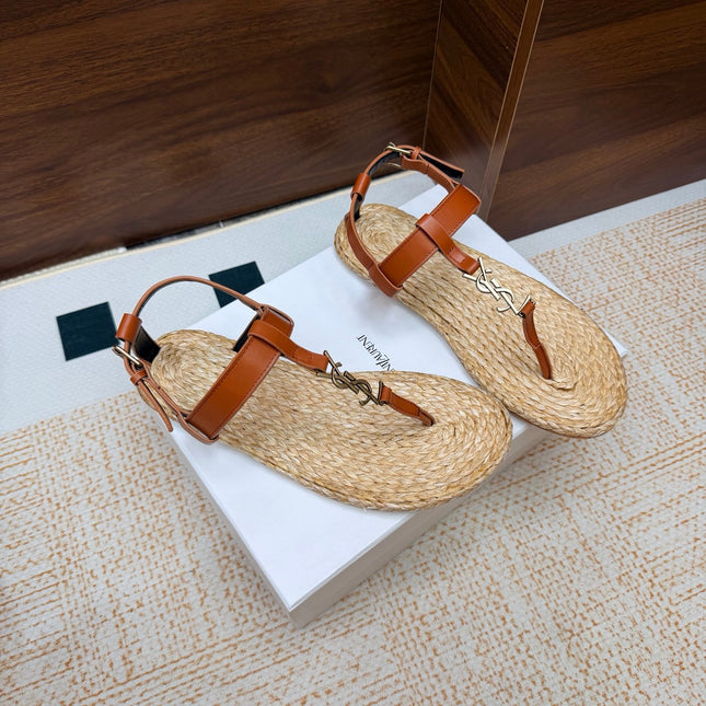 YSL 26S THONG SANDALS IN BEIGE RAFFIA AND COGNAC BROWN CALFSKIN
