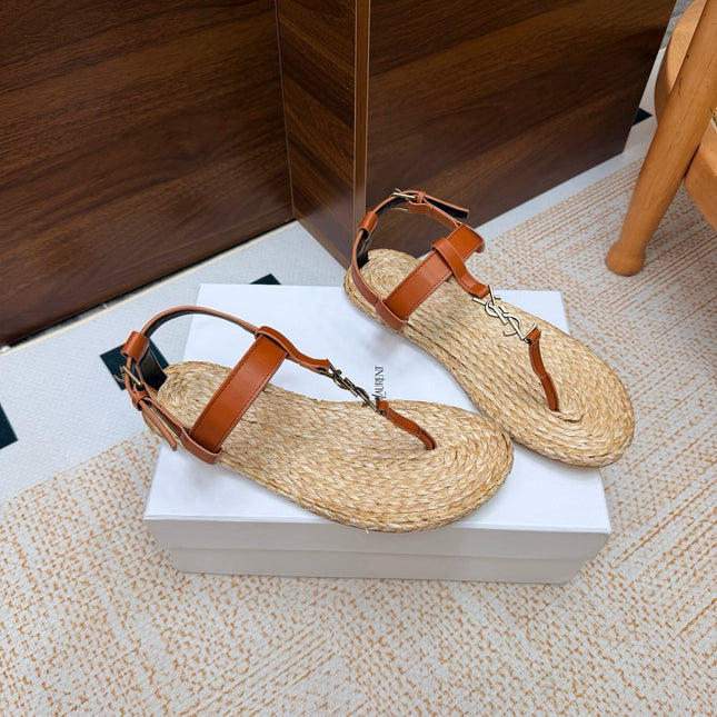 YSL 26S THONG SANDALS IN BEIGE RAFFIA AND COGNAC BROWN CALFSKIN