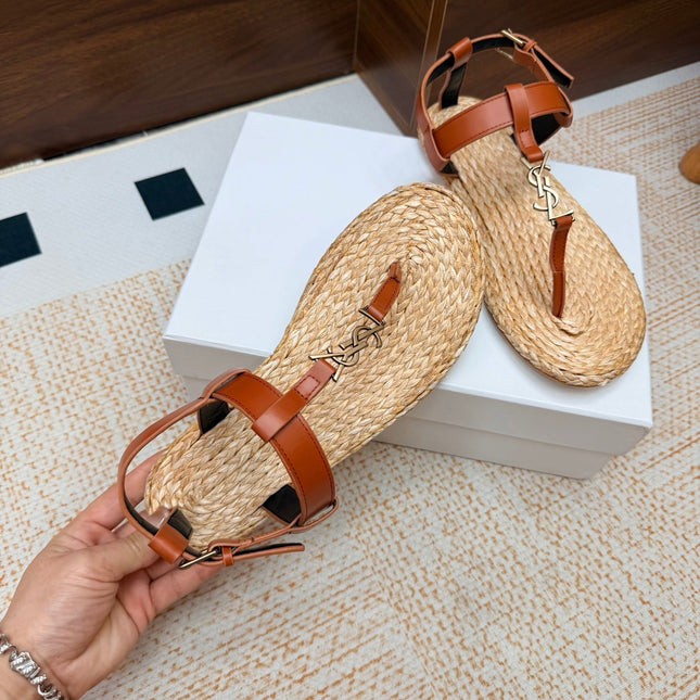 YSL 26S THONG SANDALS IN BEIGE RAFFIA AND COGNAC BROWN CALFSKIN